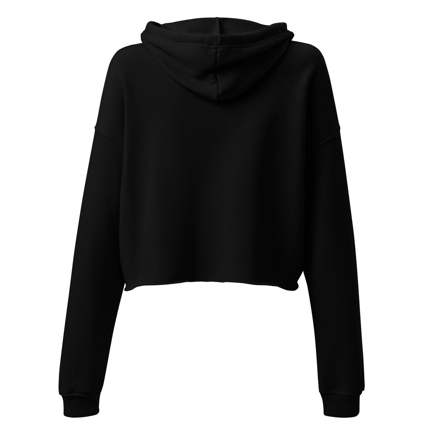 Back view of the black women's cropped Christian hoodie with a clean minimalist design.