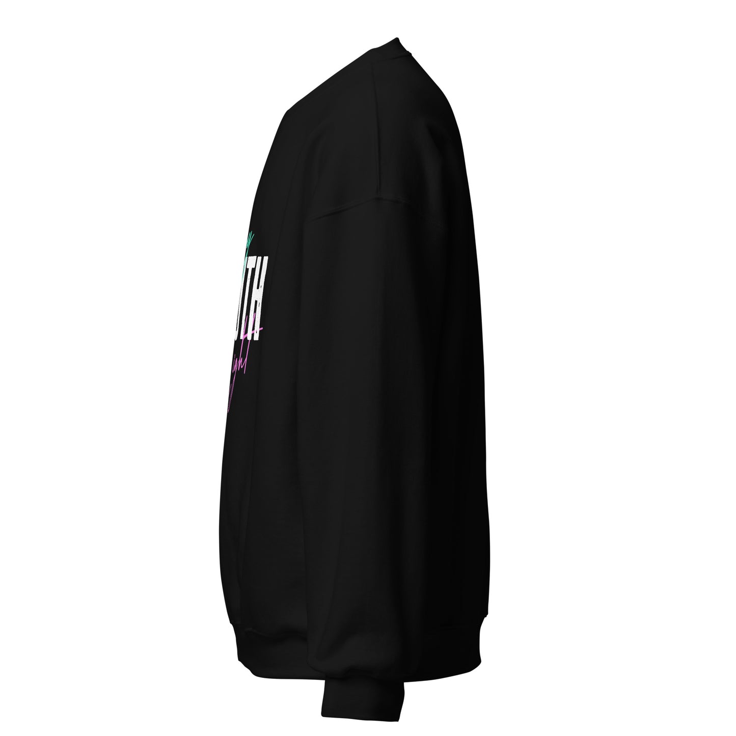 Side view of a black Way Truth Light sweatshirt.