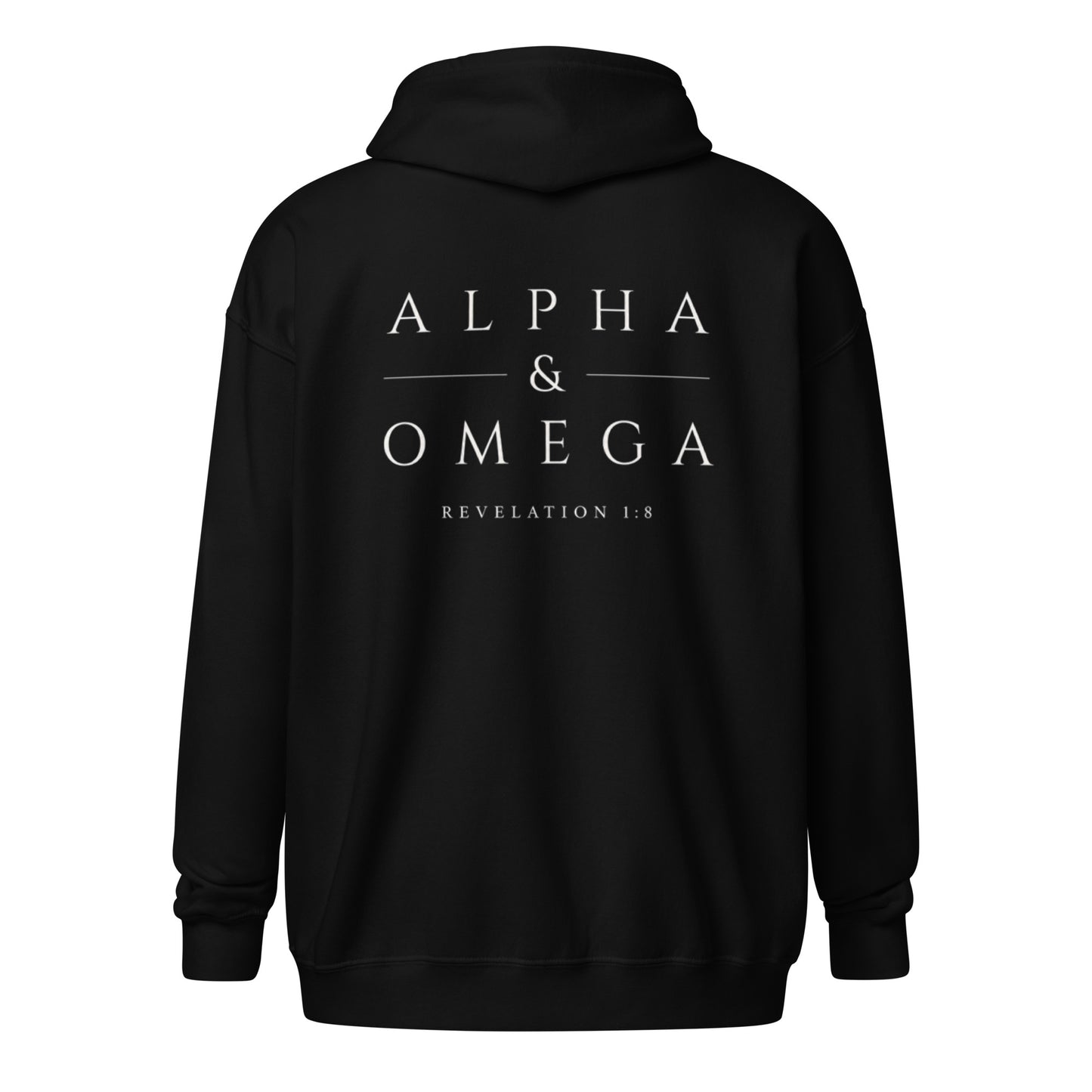 Back of the black Alpha & Omega premium zip hoodie featuring the Alpha & Omega Revelation 1:8 design by The Avielle.