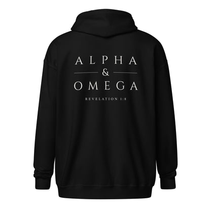 Back of the black Alpha & Omega premium zip hoodie featuring the Alpha & Omega Revelation 1:8 design by The Avielle.