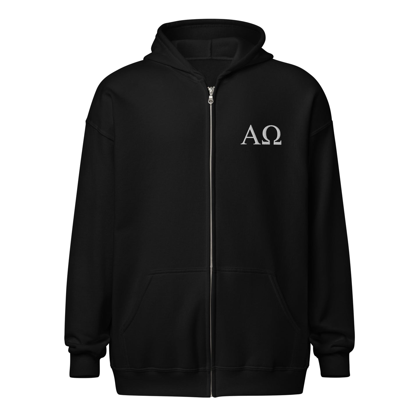 Black Alpha & Omega premium zip hoodie featuring minimalist embroidered AΩ logo by The Avielle.