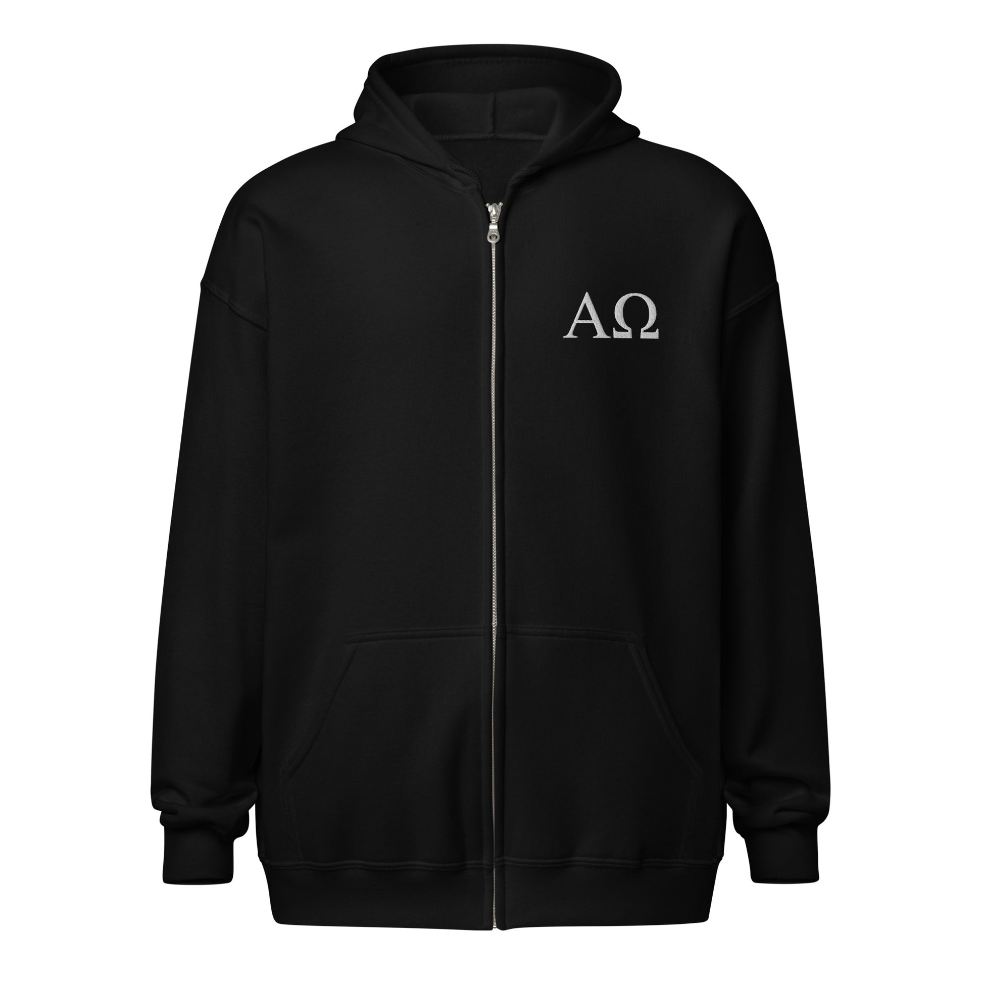 Black Alpha & Omega premium zip hoodie featuring minimalist embroidered AΩ logo by The Avielle.