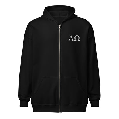 Black Alpha & Omega premium zip hoodie featuring minimalist embroidered AΩ logo by The Avielle.