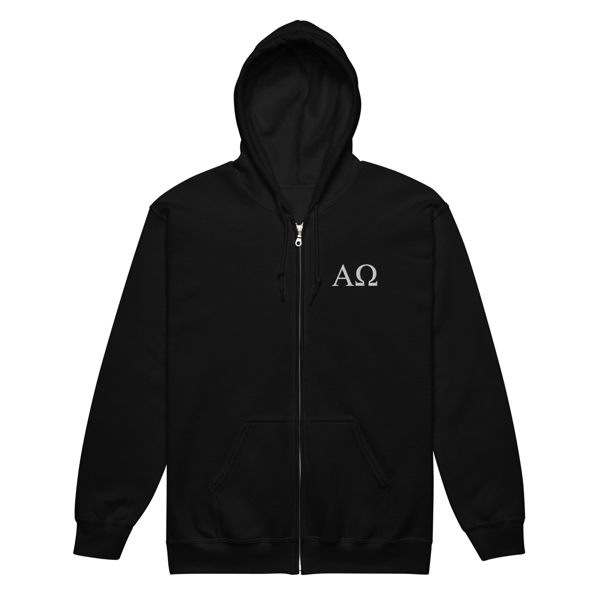 Black Alpha & Omega premium zip hoodie featuring minimalist embroidered AΩ logo by The Avielle.