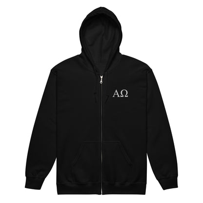Black Alpha & Omega premium zip hoodie featuring minimalist embroidered AΩ logo by The Avielle.