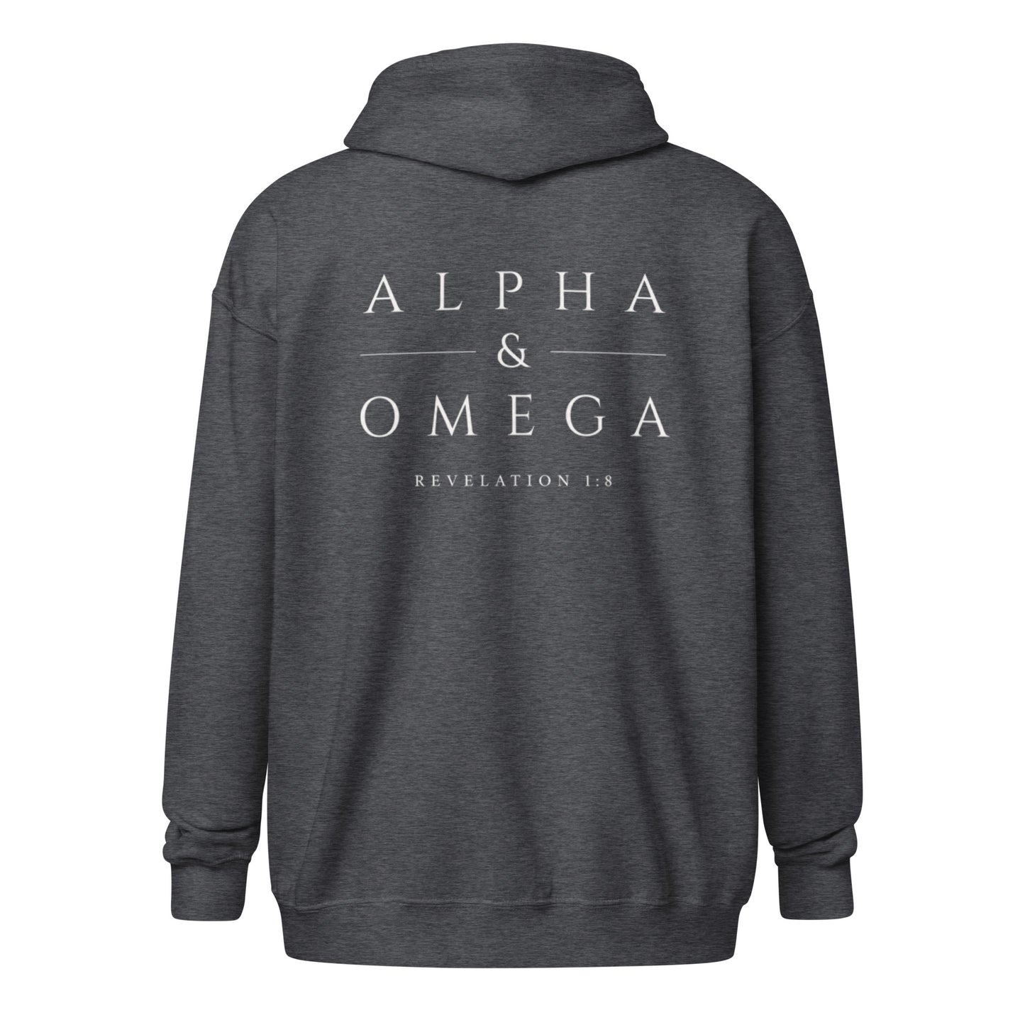 Back of the Dark Heather Alpha & Omega premium zip hoodie featuring the Alpha & Omega Revelation 1:8 design by The Avielle.