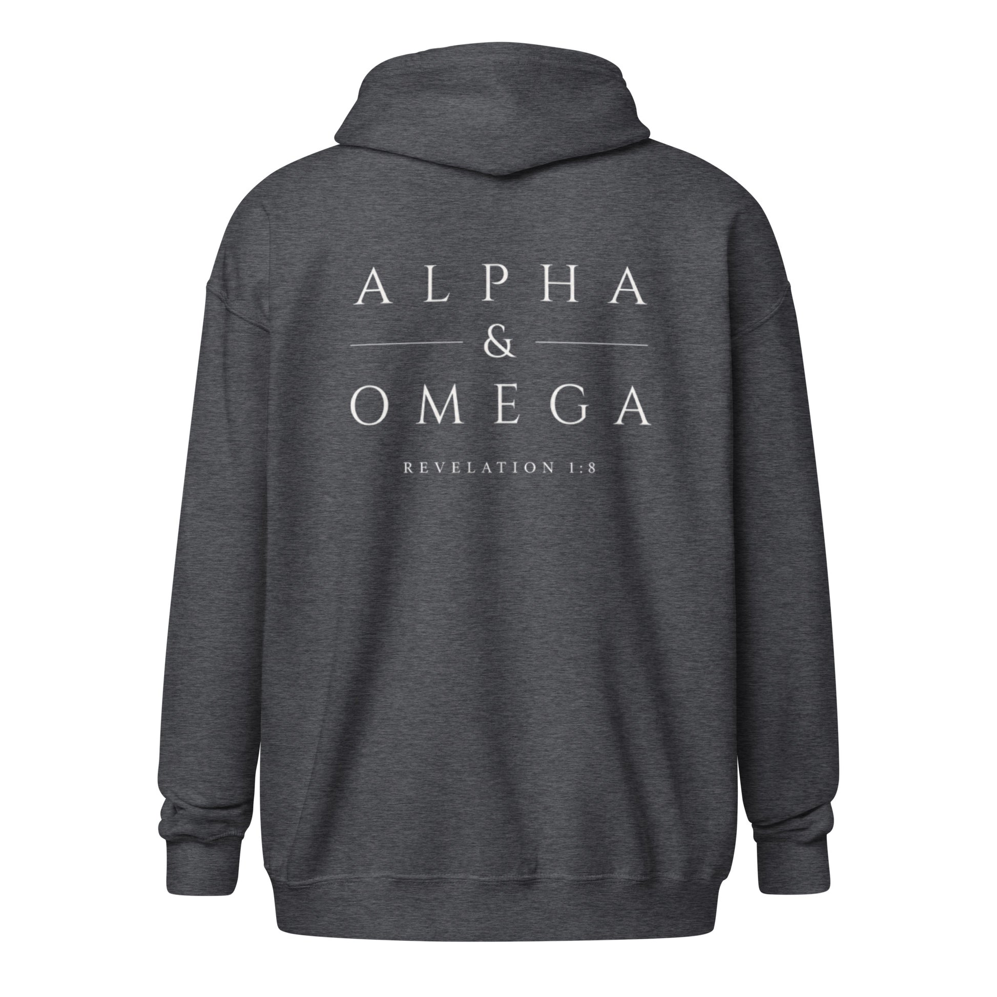 Back of the Dark Heather Alpha & Omega premium zip hoodie featuring the Alpha & Omega Revelation 1:8 design by The Avielle.