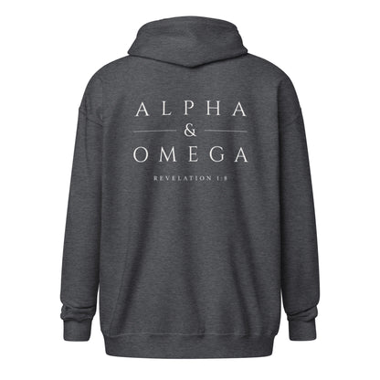Back of the Dark Heather Alpha & Omega premium zip hoodie featuring the Alpha & Omega Revelation 1:8 design by The Avielle.