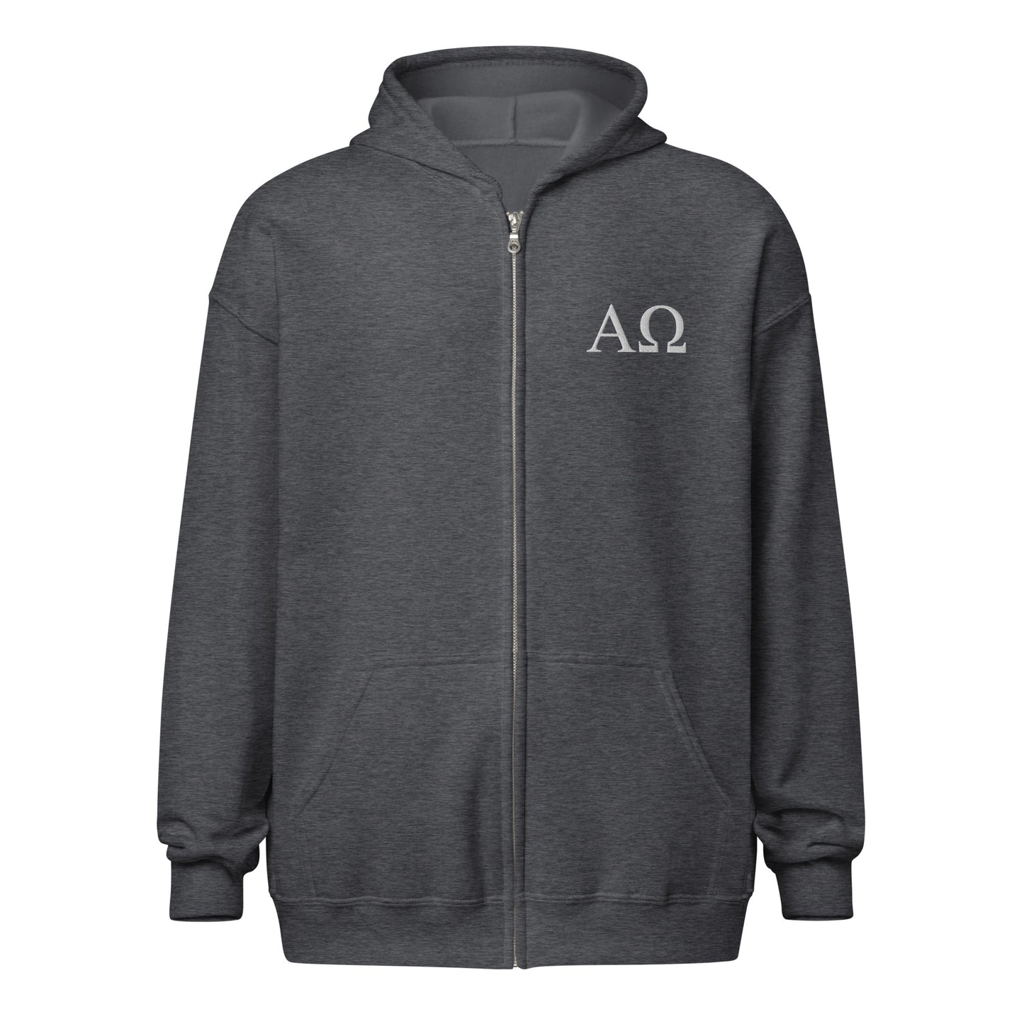 Dark Heather Alpha & Omega premium zip hoodie featuring minimalist embroidered AΩ logo by The Avielle.