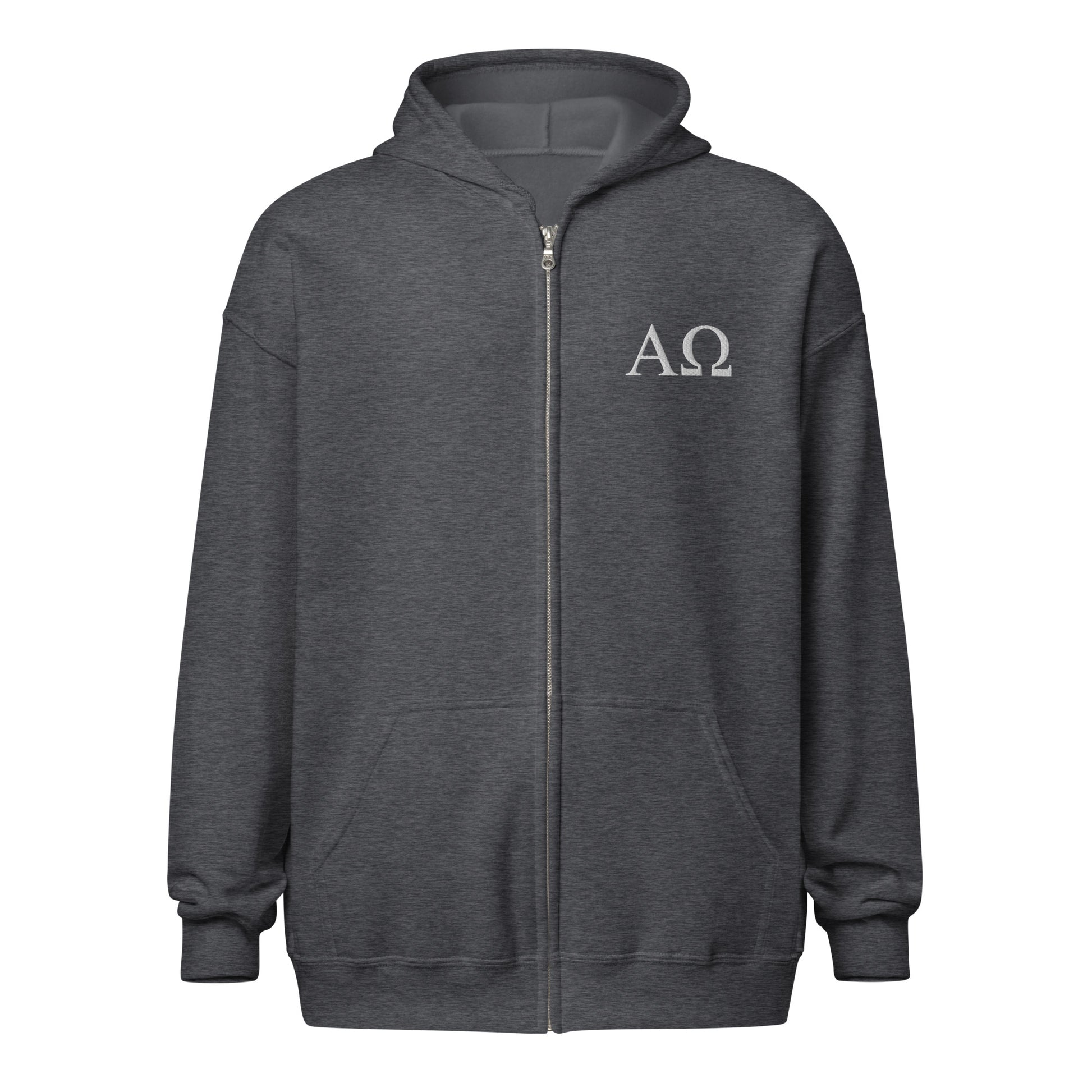 Dark Heather Alpha & Omega premium zip hoodie featuring minimalist embroidered AΩ logo by The Avielle.