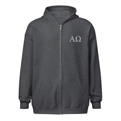 Dark Heather Alpha & Omega premium zip hoodie featuring minimalist embroidered AΩ logo by The Avielle.