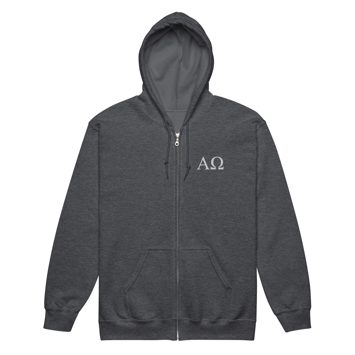 Dark Heather Alpha & Omega premium zip hoodie featuring minimalist embroidered AΩ logo by The Avielle.