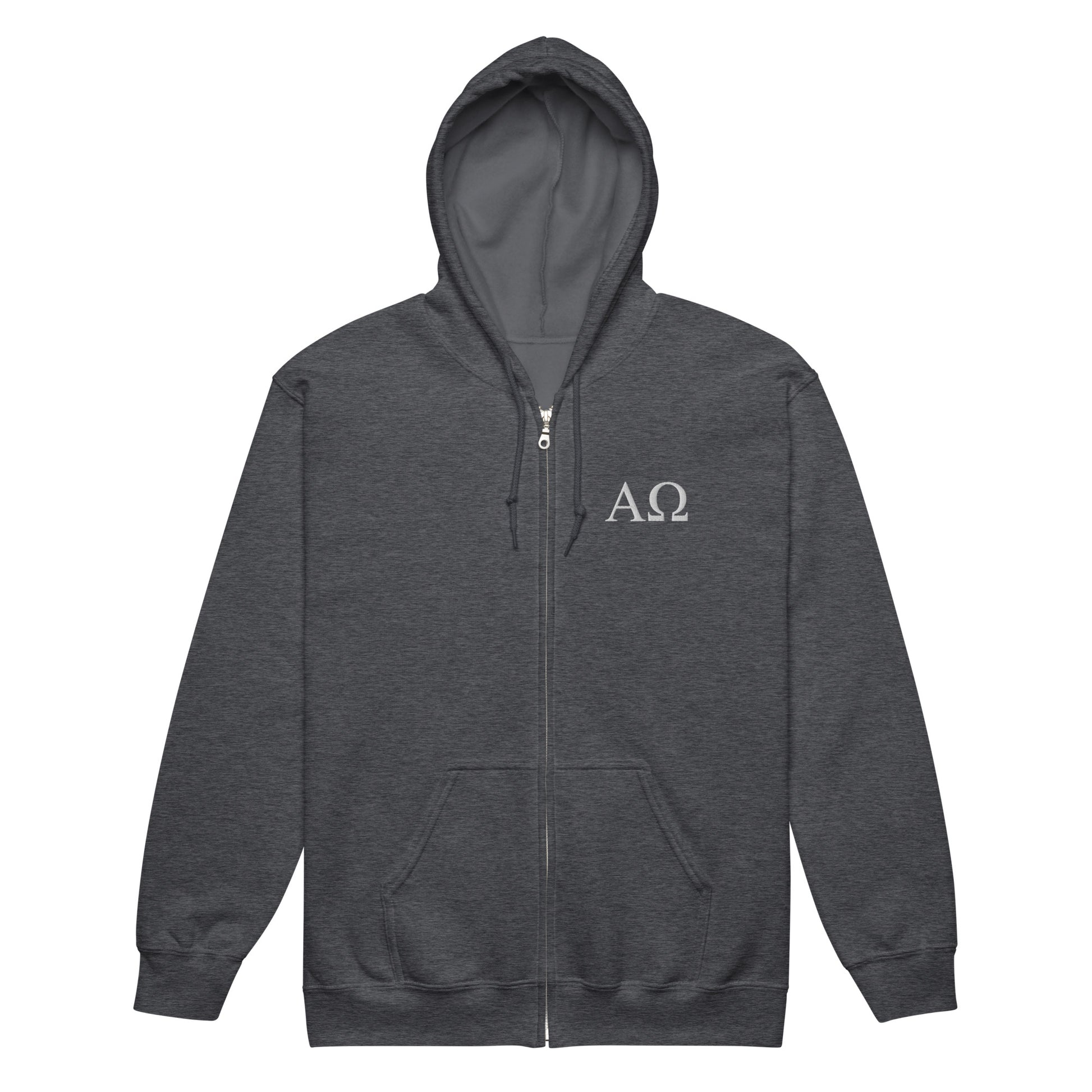 Dark Heather Alpha & Omega premium zip hoodie featuring minimalist embroidered AΩ logo by The Avielle.