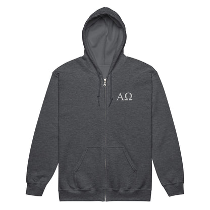 Dark Heather Alpha & Omega premium zip hoodie featuring minimalist embroidered AΩ logo by The Avielle.