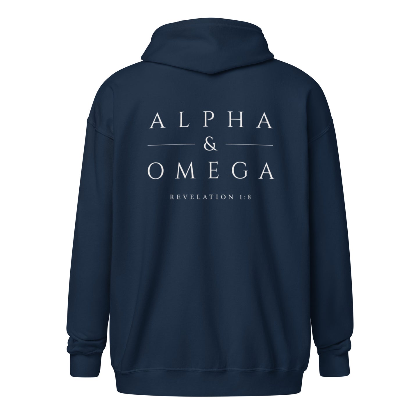 Back of the navy Alpha & Omega premium zip hoodie featuring the Alpha & Omega Revelation 1:8 design by The Avielle.