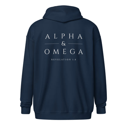 Back of the navy Alpha & Omega premium zip hoodie featuring the Alpha & Omega Revelation 1:8 design by The Avielle.