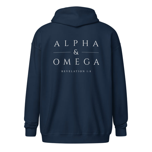Back of the navy Alpha & Omega premium zip hoodie featuring the Alpha & Omega Revelation 1:8 design by The Avielle.