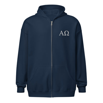 Navy Alpha & Omega premium zip hoodie featuring minimalist embroidered AΩ logo by The Avielle.