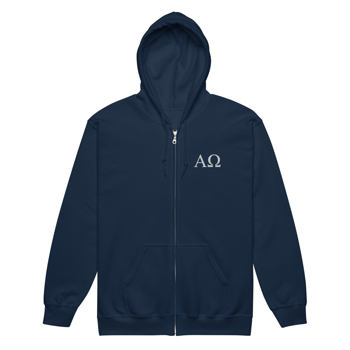 Navy Alpha & Omega premium zip hoodie featuring minimalist embroidered AΩ logo by The Avielle.