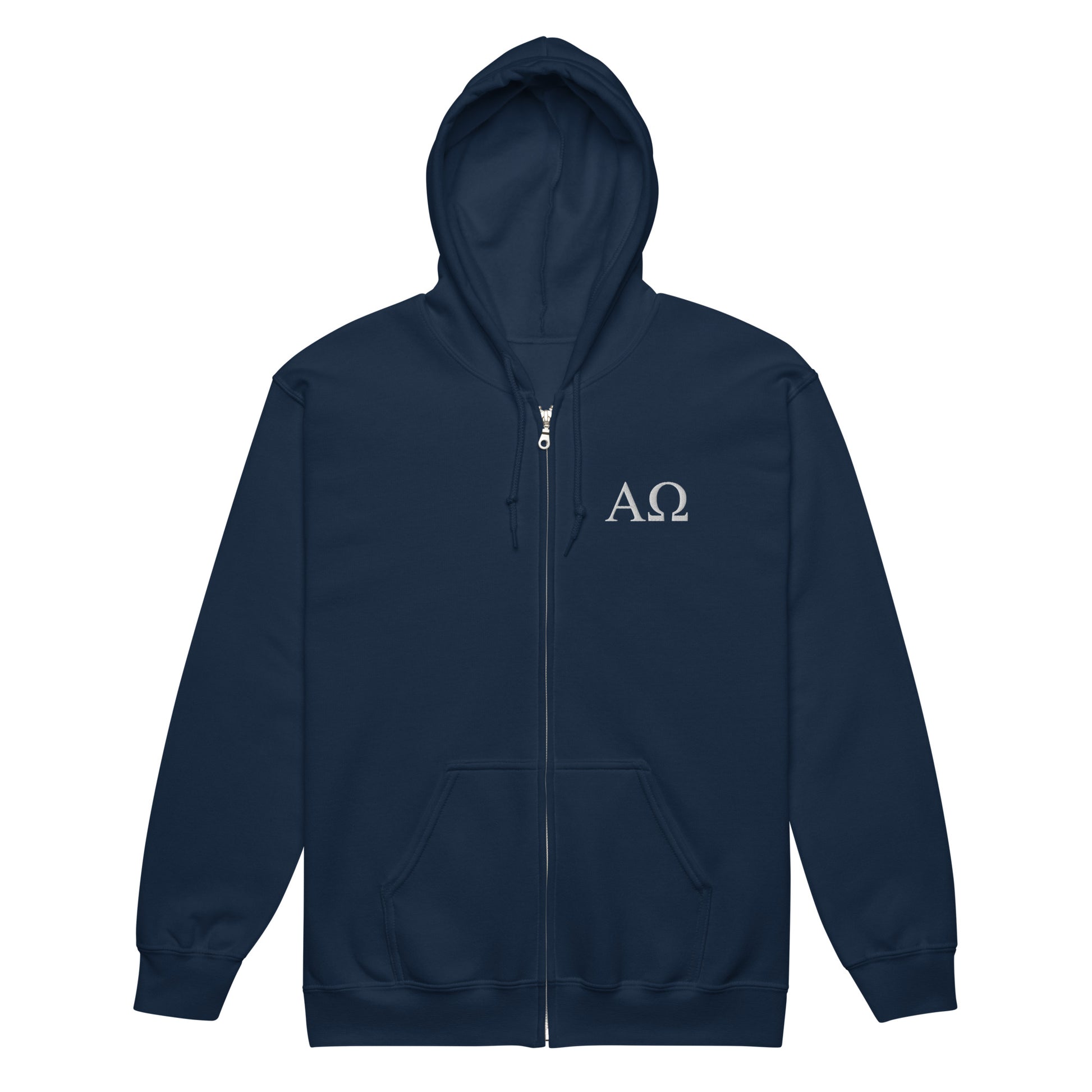 Navy Alpha & Omega premium zip hoodie featuring minimalist embroidered AΩ logo by The Avielle.