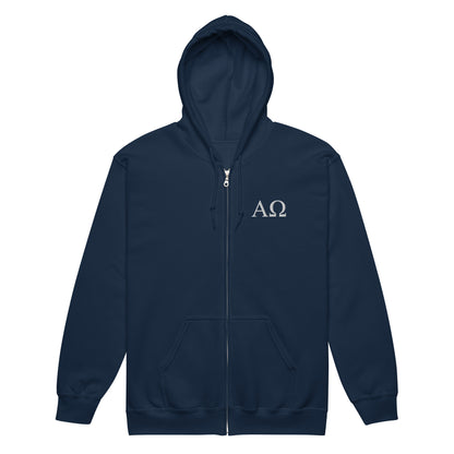 Navy Alpha & Omega premium zip hoodie featuring minimalist embroidered AΩ logo by The Avielle.