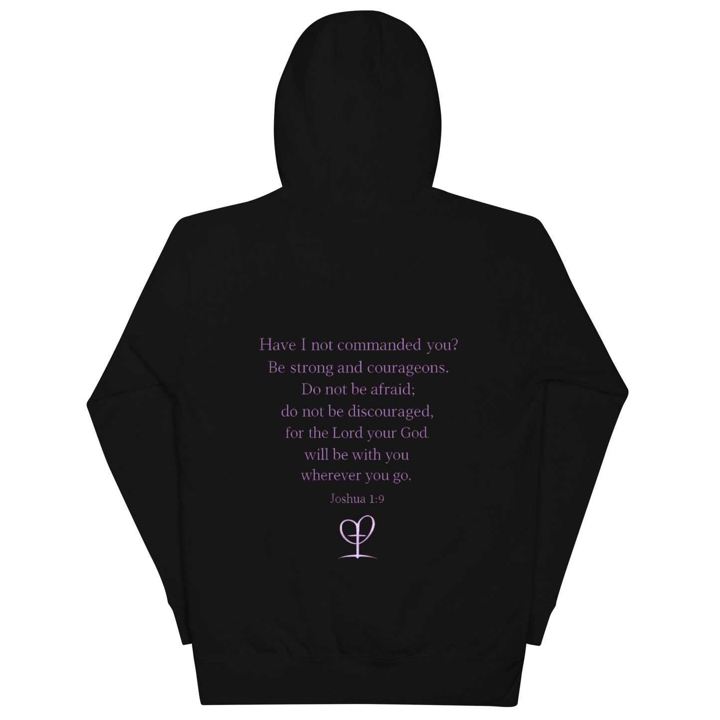 Back view of The Avielle Be Bold Black Edition hoodie featuring the Joshua 1:9 scripture design.
