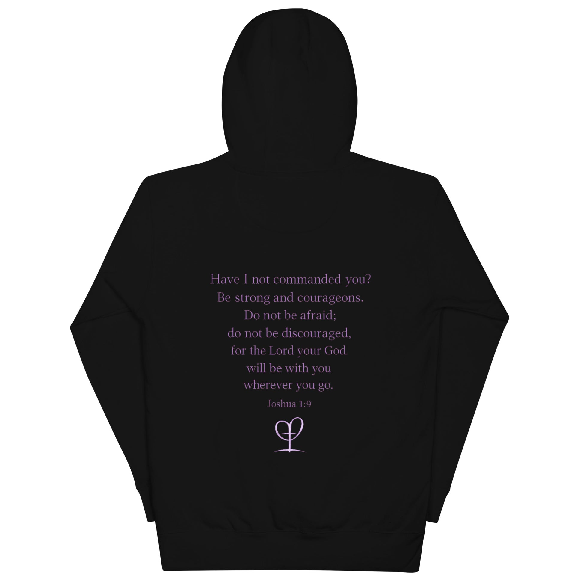 Back view of The Avielle Be Bold Black Edition hoodie featuring the Joshua 1:9 scripture design.
