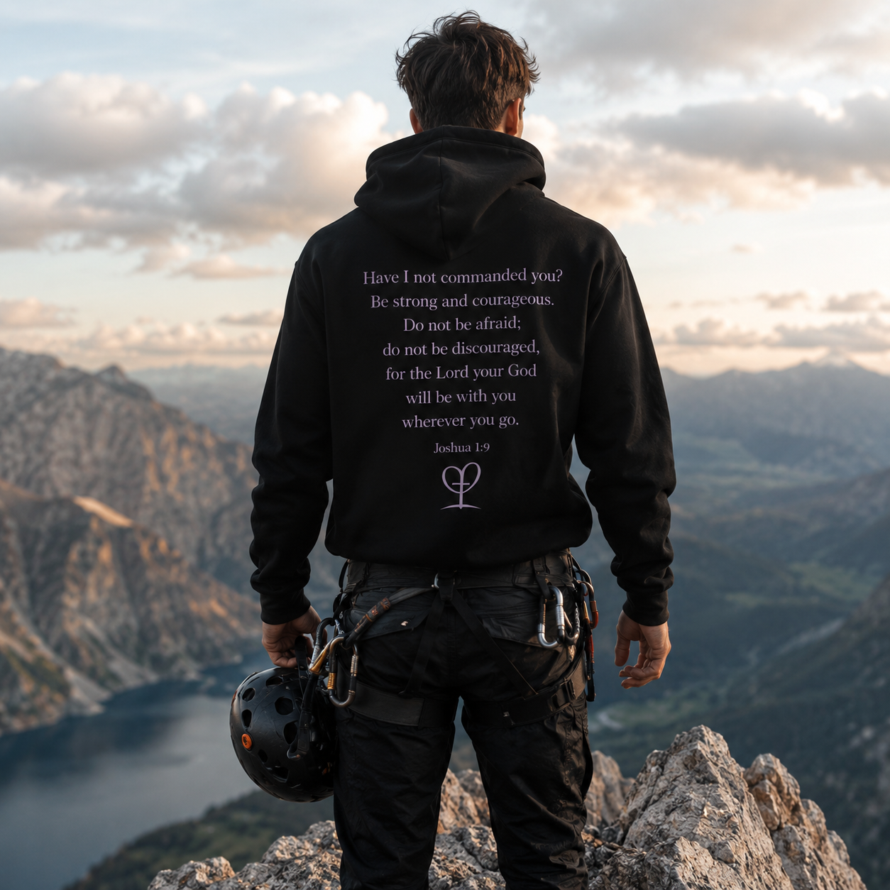 Man wearing The Avielle Be Bold Black Edition Joshua 1:9 hoodie while rock climbing in the mountains.