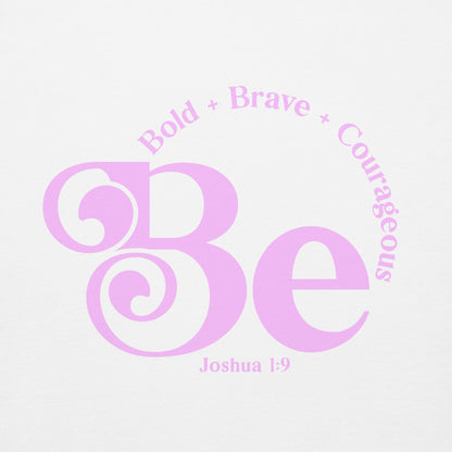 Close-up of the Joshua 1:9 Be Bold design on the white Christian hoodie by The Avielle