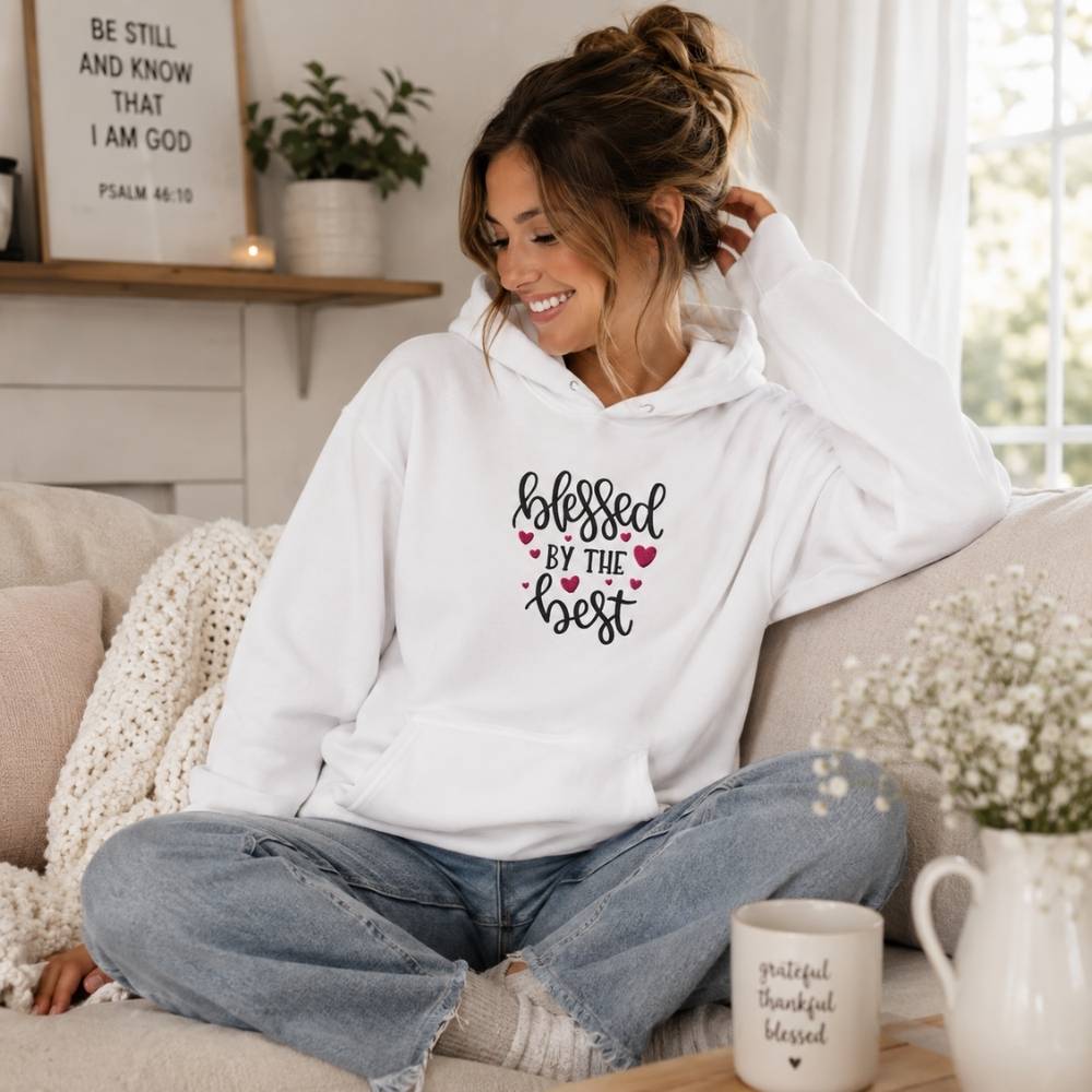 Blessed by the Best embroidered white women's hoodie by The Avielle