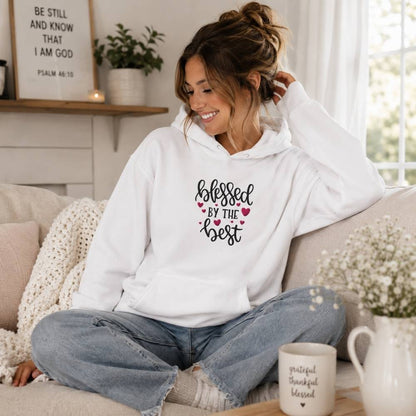 Blessed by the Best embroidered white women's hoodie by The Avielle