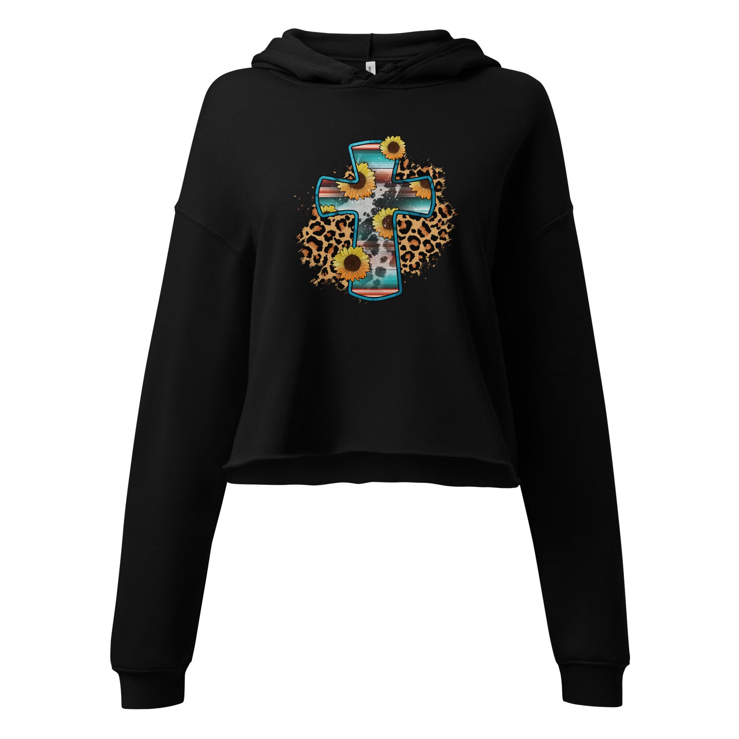 Women's black cropped Christian hoodie featuring a colorful floral cross with sunflower and leopard print design.