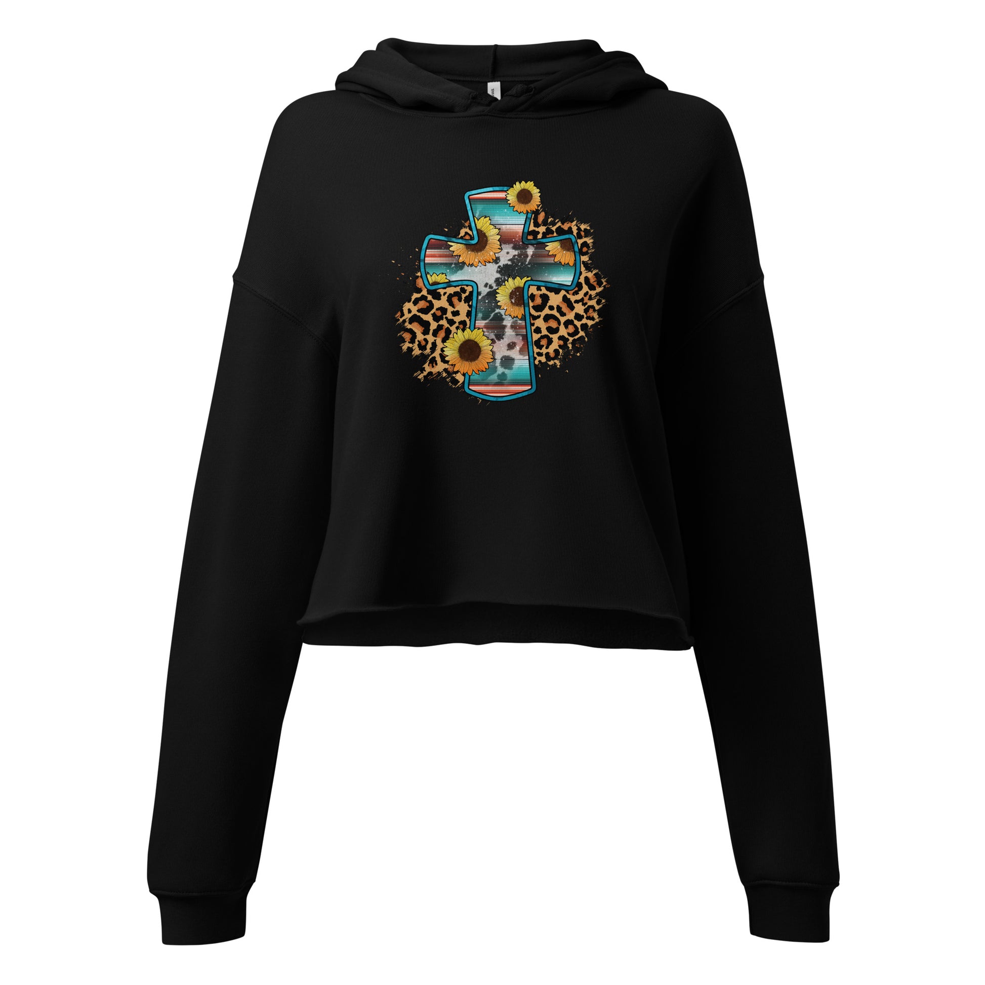 Women's black cropped Christian hoodie featuring a colorful floral cross with sunflower and leopard print design.