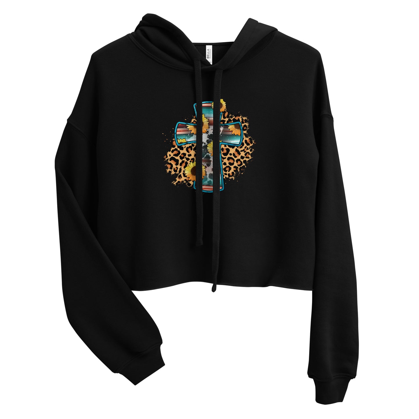 Women's black cropped Christian hoodie featuring a colorful floral cross with sunflower and leopard print design.