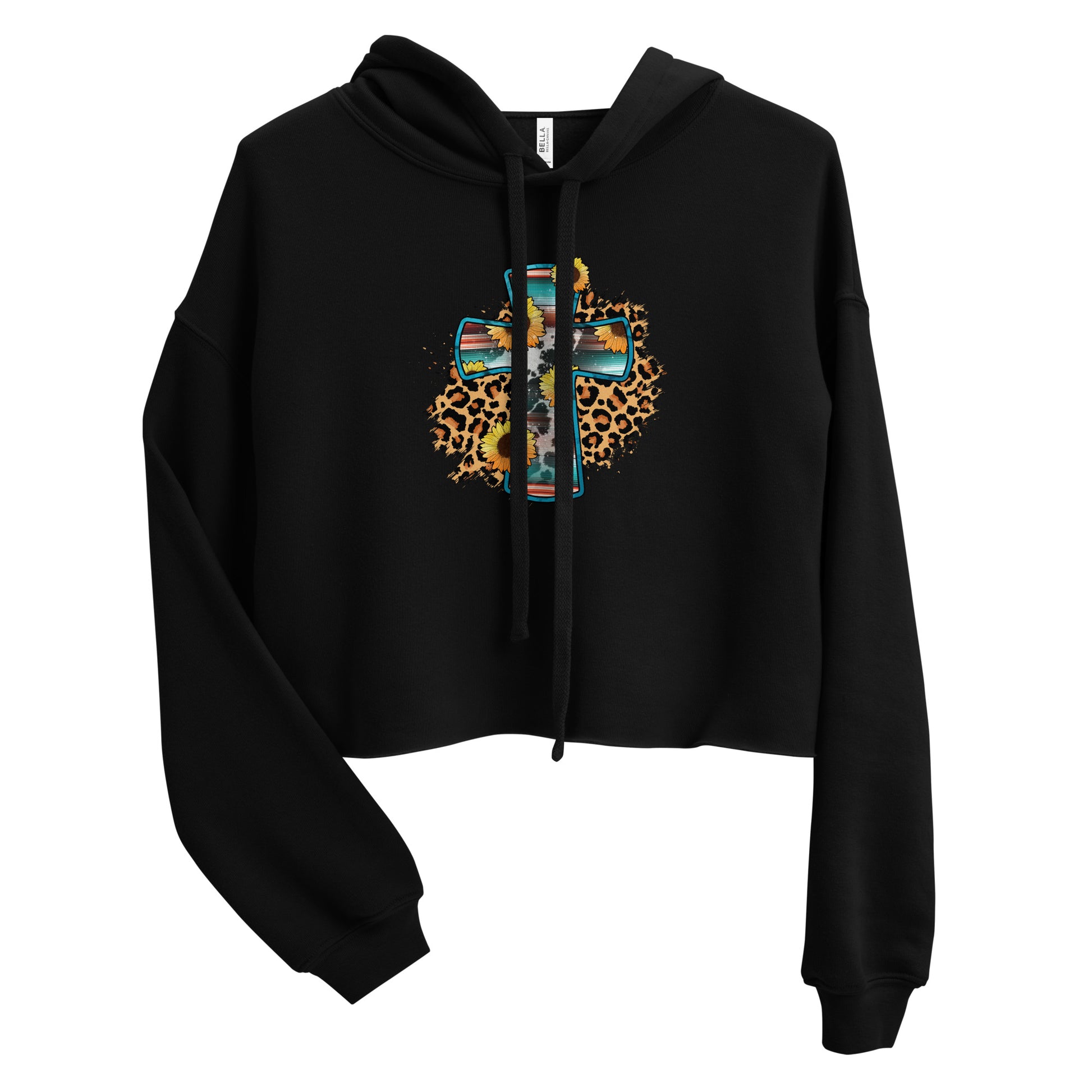 Women's black cropped Christian hoodie featuring a colorful floral cross with sunflower and leopard print design.