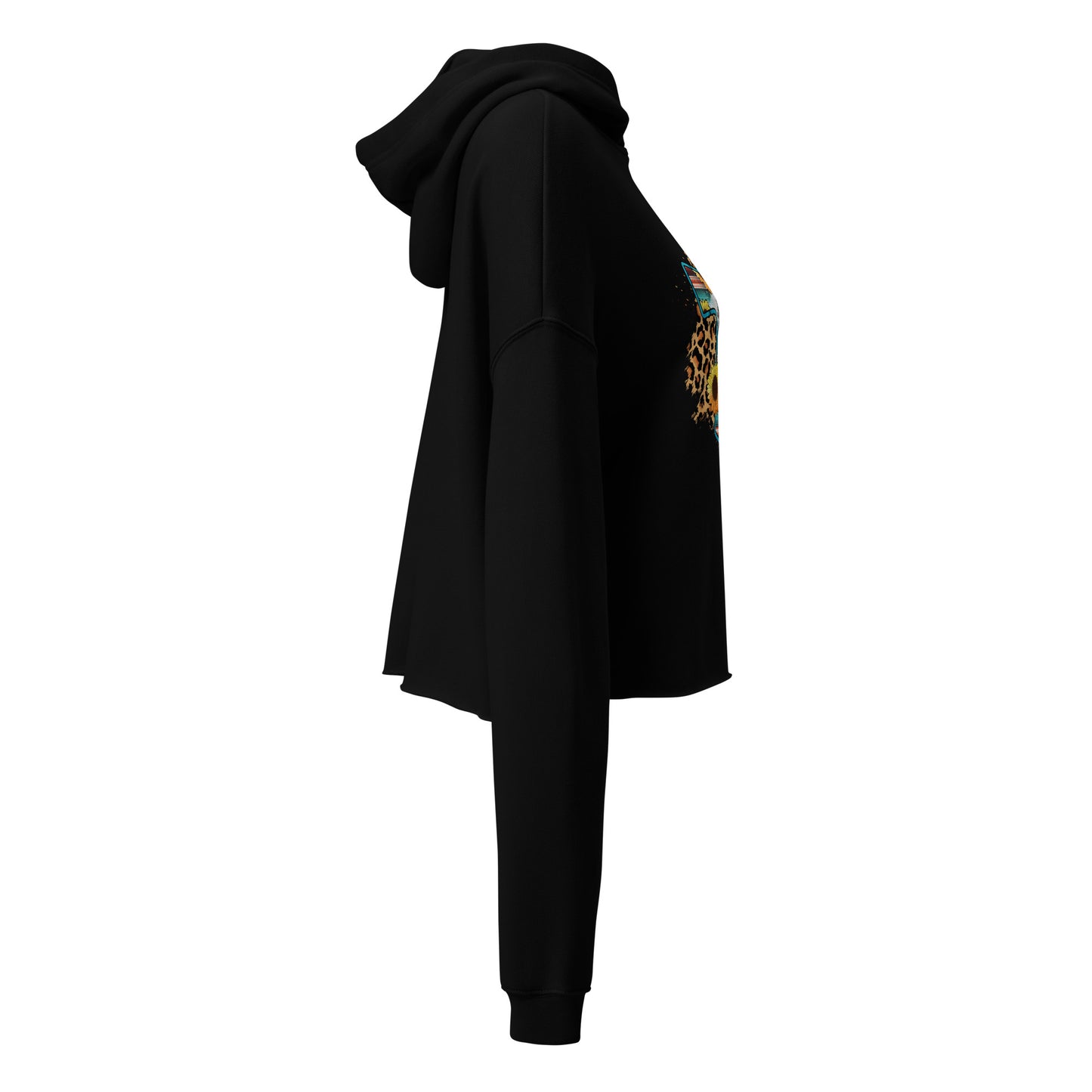 Side view of the black cropped Christian hoodie featuring a vibrant floral cross graphic for women.