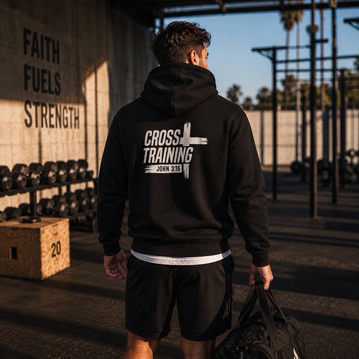 Back view of a man wearing The Avielle Cross Training John 3:16 black zip hoodie at an outdoor gym after training.