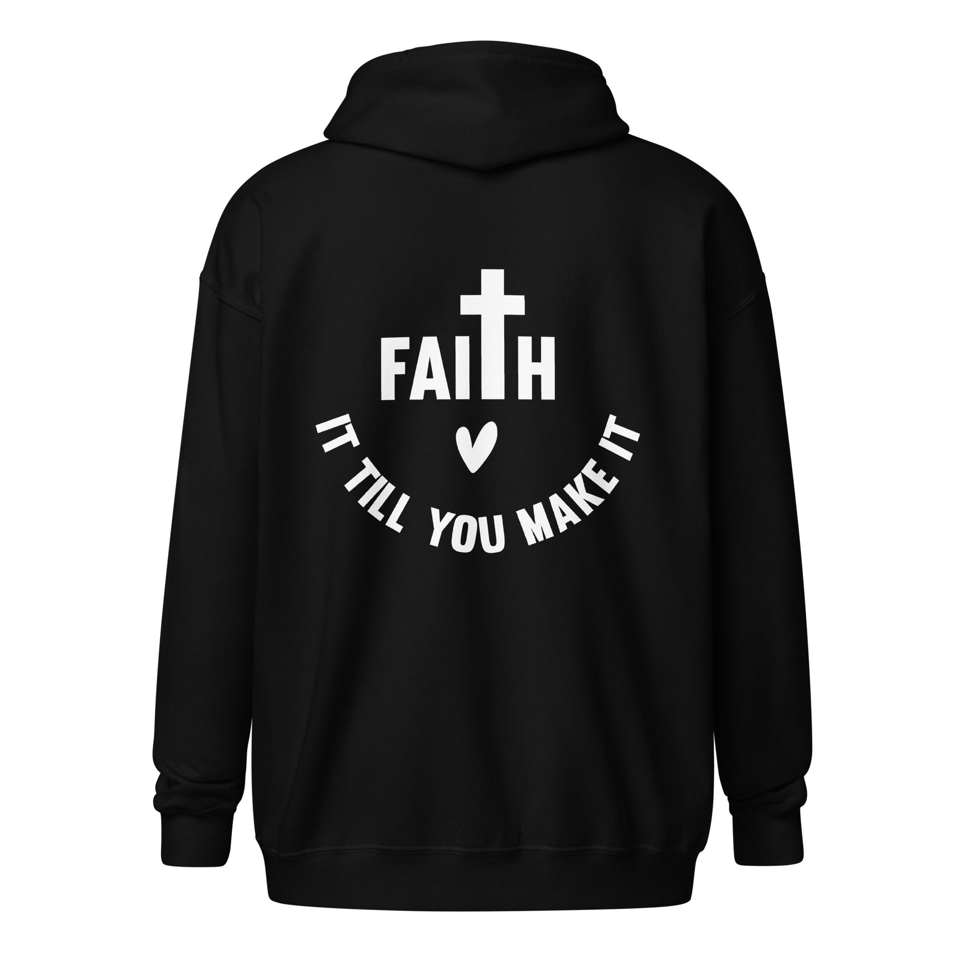 Back view of The Avielle Faith Till You Make It black zip hoodie featuring a faith-inspired cross design.