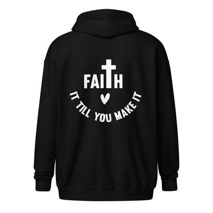 Back view of The Avielle Faith Till You Make It black zip hoodie featuring a faith-inspired cross design.
