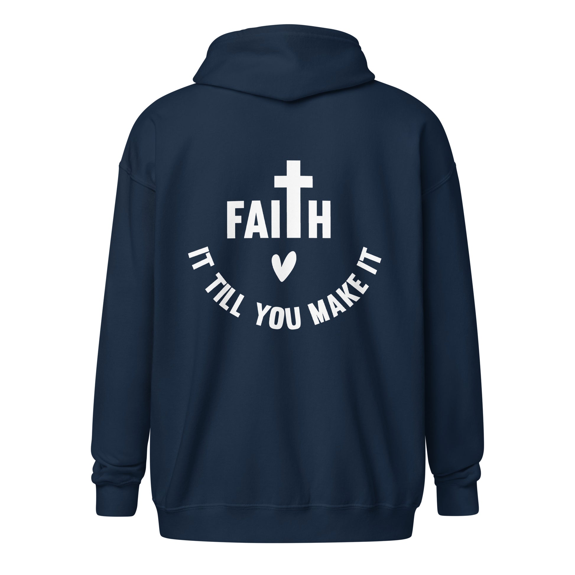Back view of The Avielle Faith Till You Make It navy zip hoodie featuring a faith-inspired cross design.