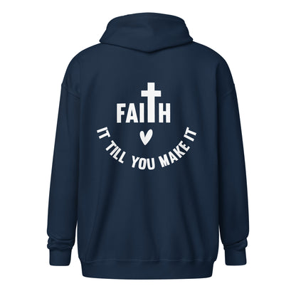 Back view of The Avielle Faith Till You Make It navy zip hoodie featuring a faith-inspired cross design.
