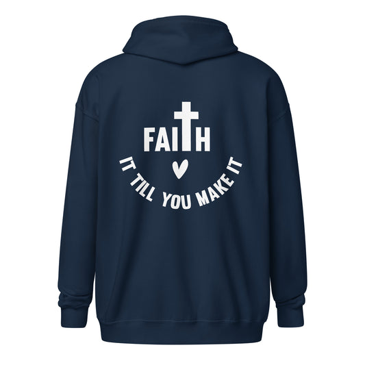 Back view of The Avielle Faith Till You Make It navy zip hoodie featuring a faith-inspired cross design.