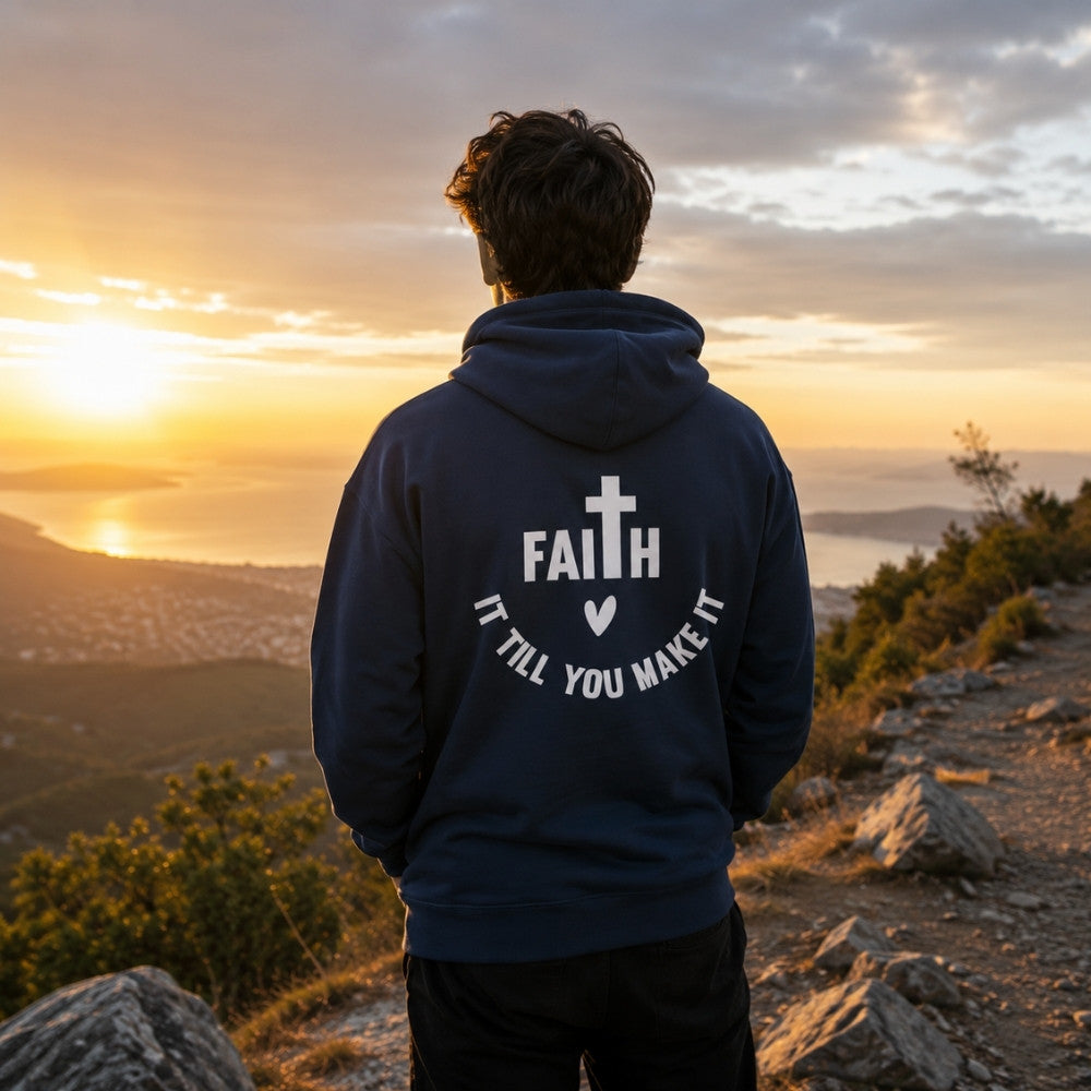 Man wearing The Avielle Faith Till You Make It navy zip hoodie while overlooking a mountain landscape at sunset, showcasing the faith-inspired back design.