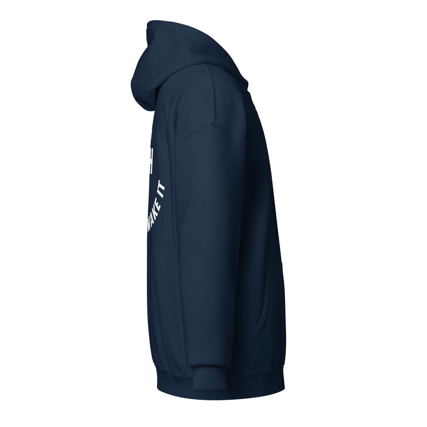Side view of The Avielle Faith Till You Make It navy zip hoodie.