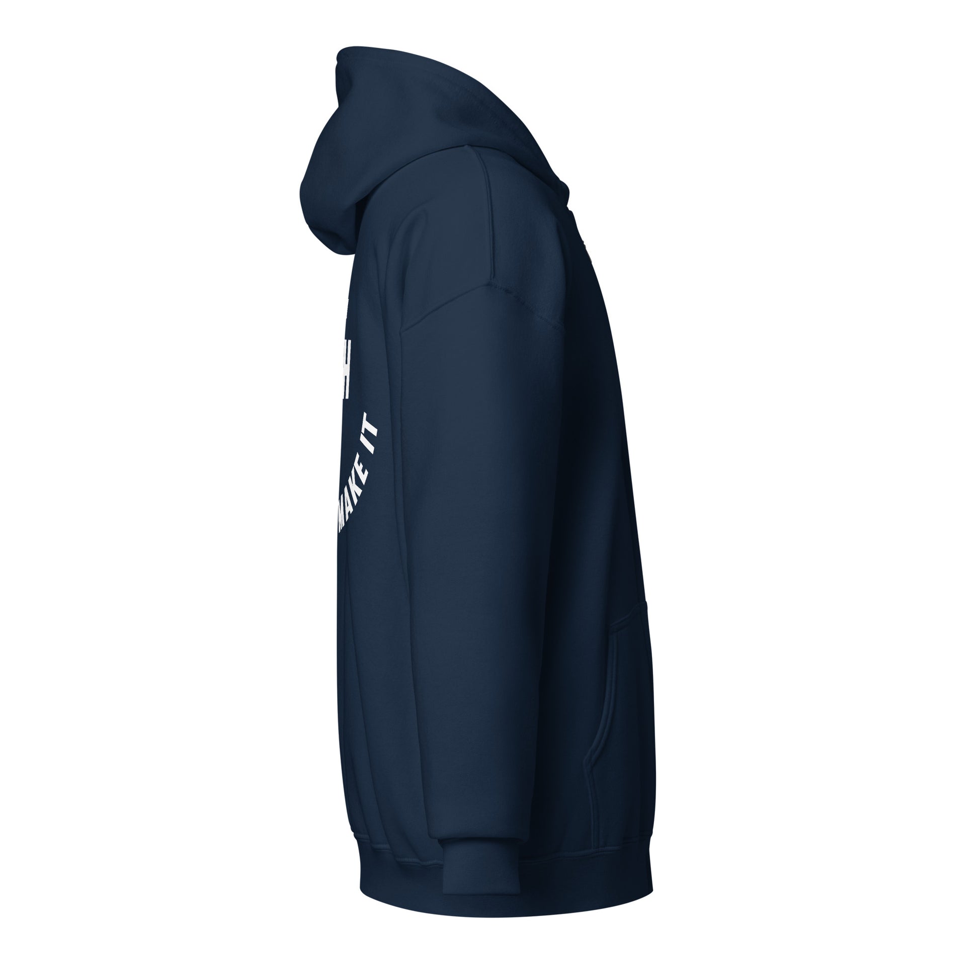 Side view of The Avielle Faith Till You Make It navy zip hoodie.