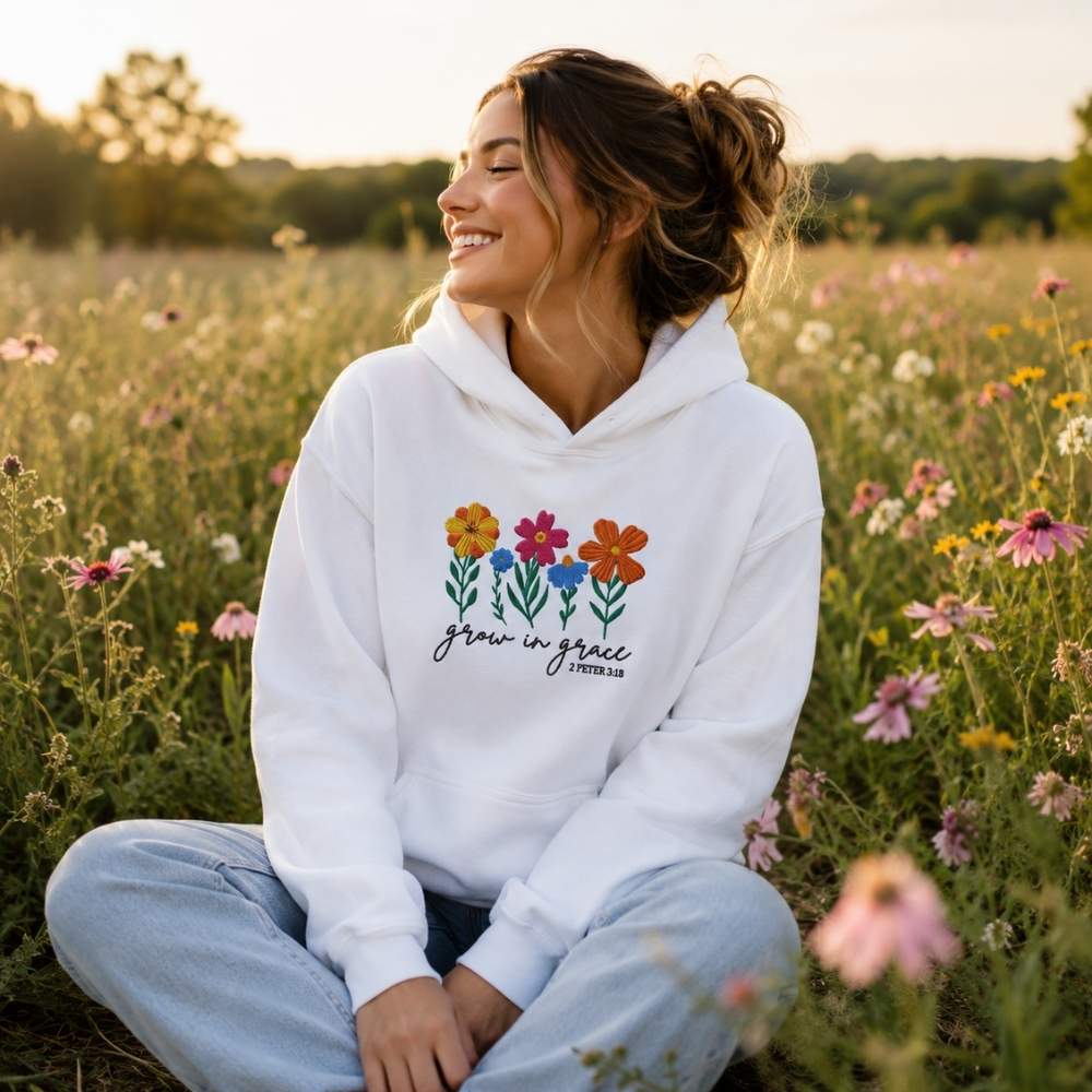 Grow in Grace embroidered white unisex hoodie by The Avielle