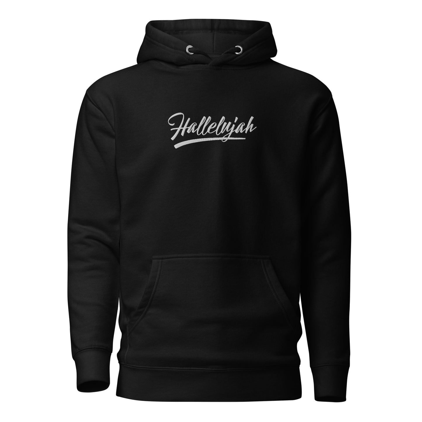Front view of the Hallelujah Embroidered Premium Hoodie in black by The Avielle.