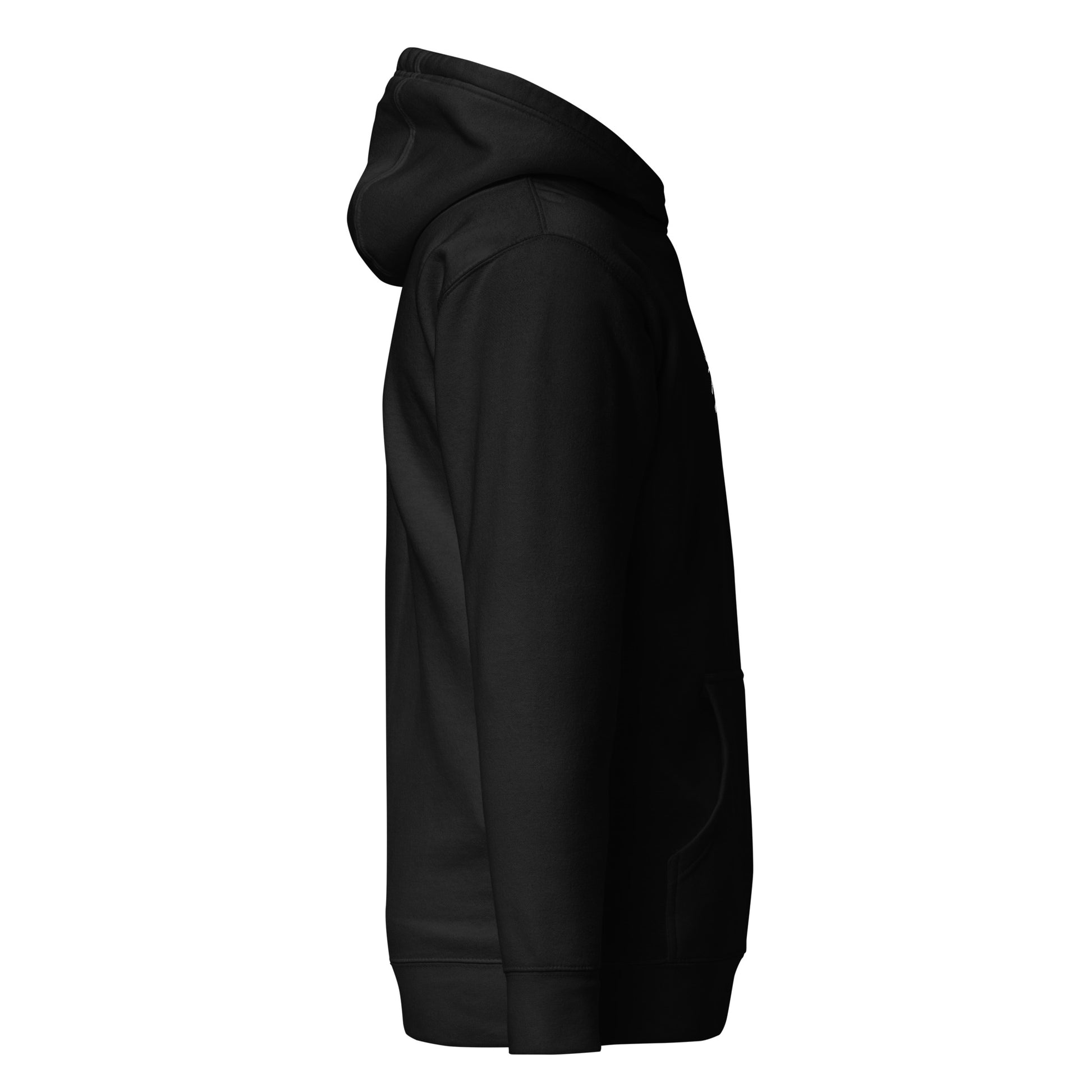 Side view of the Hallelujah Embroidered Premium Hoodie in black by The Avielle.