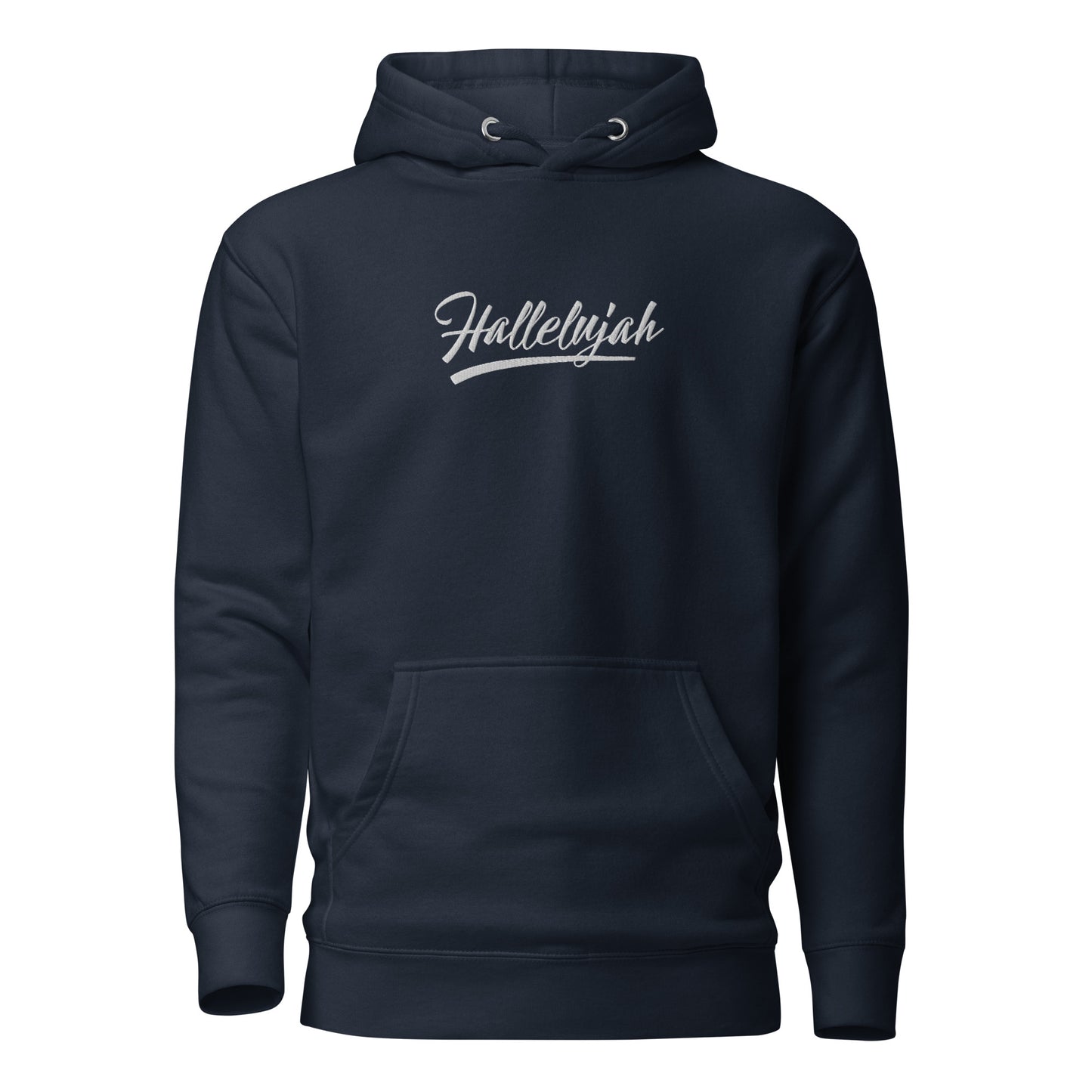 Front view of the Hallelujah Embroidered Premium Hoodie in navy by The Avielle.