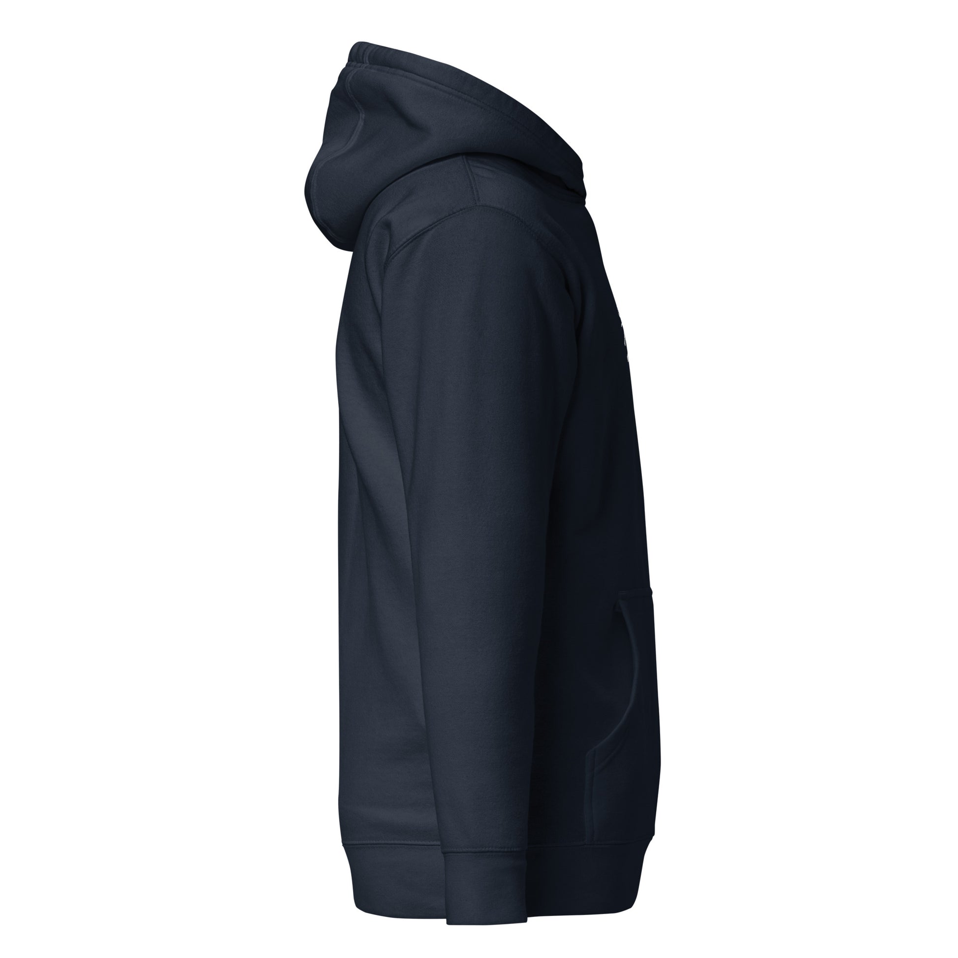 Side view of the Hallelujah Embroidered Premium Hoodie in navy by The Avielle.